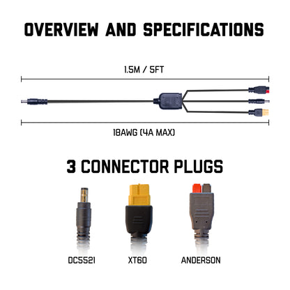 SunJack DC5521 Solar Panel Adapter Cable, 18AWG / 5ft